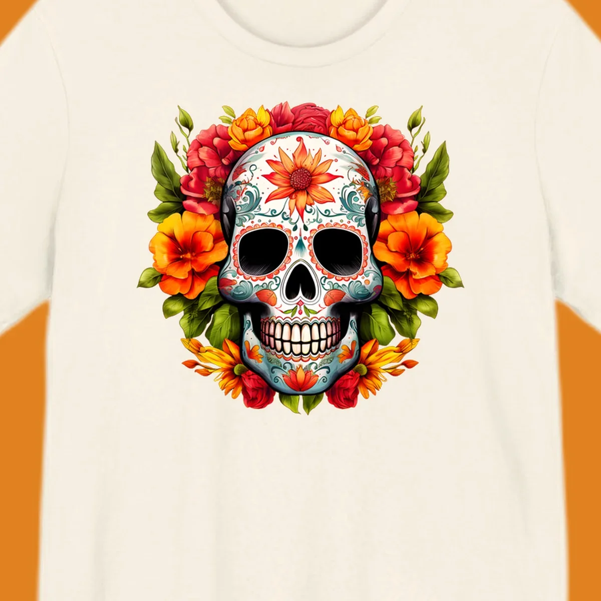 Vibrant floral calavera sugar skull design adorned with intricate patterns and a colorful wreath of red, orange, and yellow flowers.