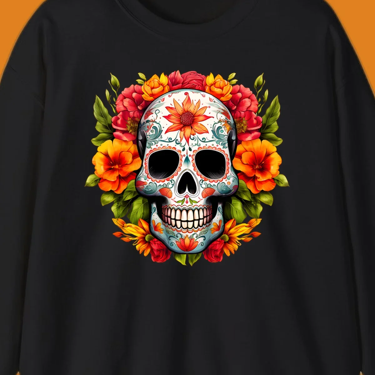 Vibrant floral calavera sugar skull design adorned with intricate patterns and a colorful wreath of red, orange, and yellow flowers.