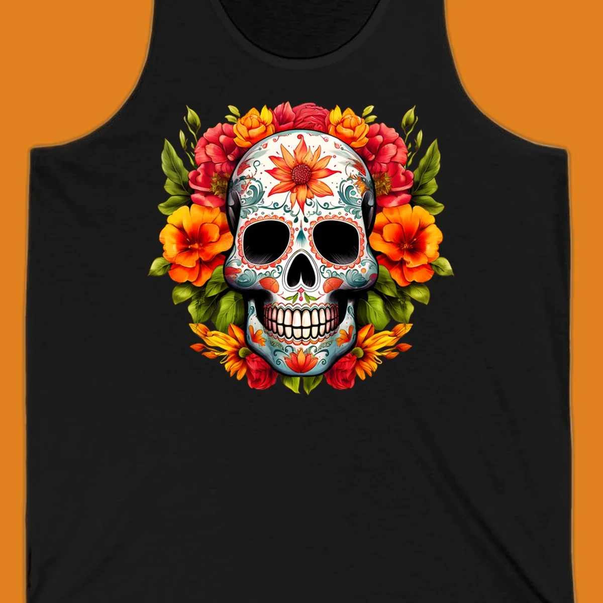 Vibrant floral calavera sugar skull design adorned with intricate patterns and a colorful wreath of red, orange, and yellow flowers.