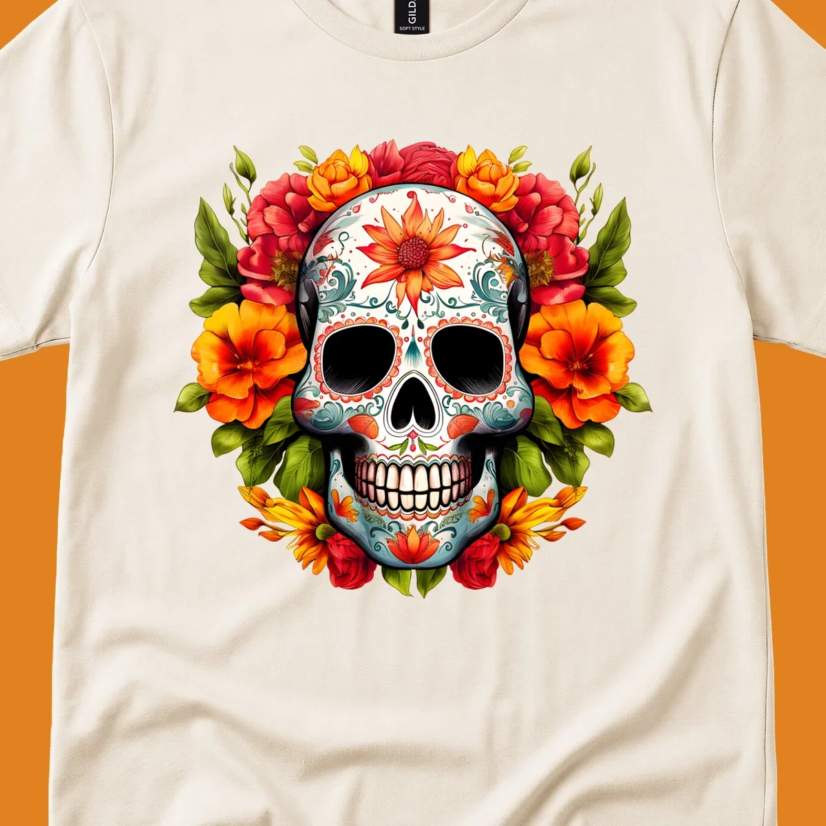 Vibrant floral calavera sugar skull design adorned with intricate patterns and a colorful wreath of red, orange, and yellow flowers.