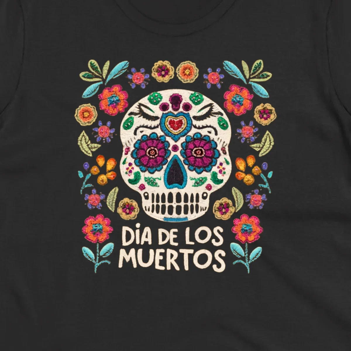 Embroidered-style Día de los Muertos sugar skull with colorful flowers and leaves, and text 'DÍA DE LOS MUERTOS'.