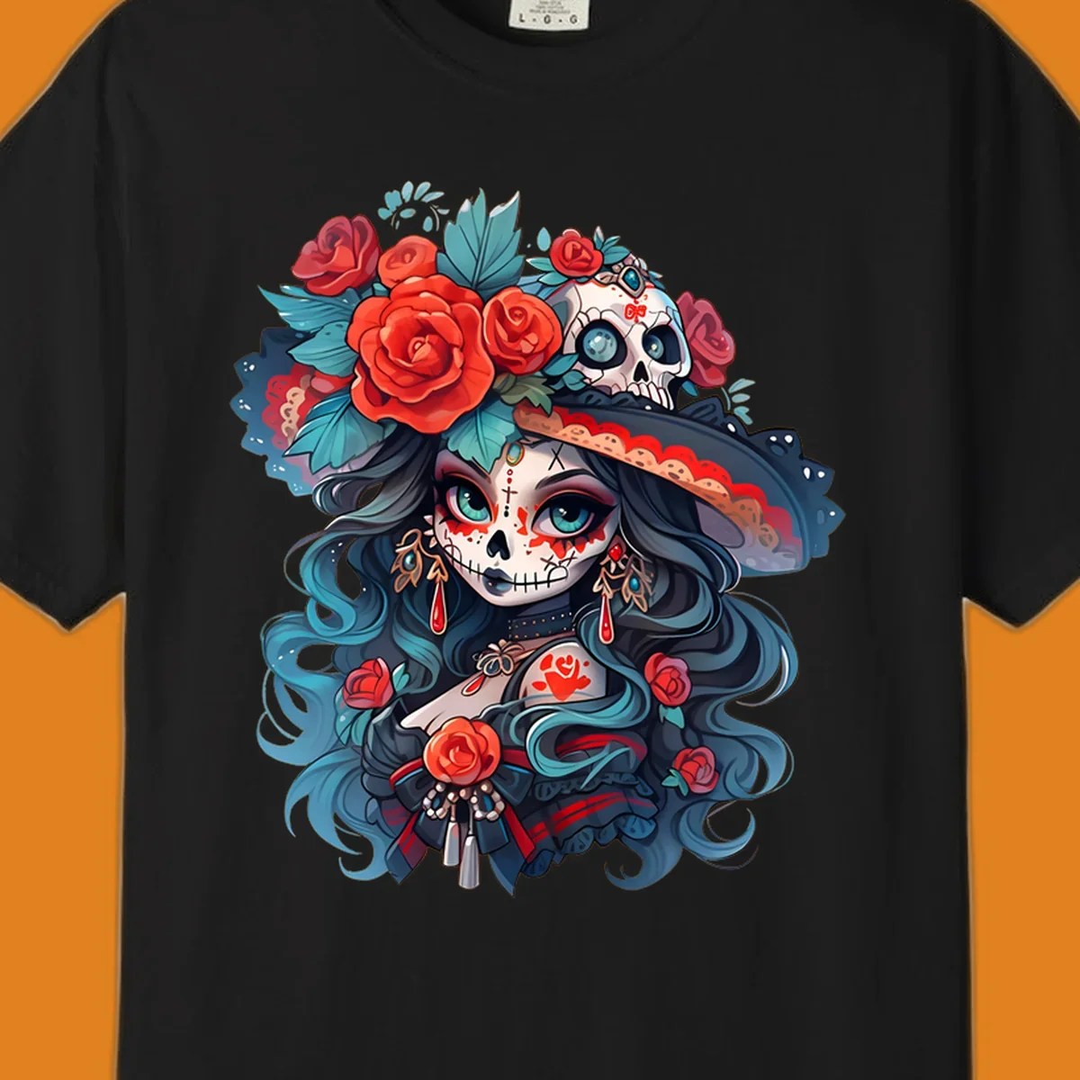 Vibrant illustration of a calavera woman with blue eyes, sugar skull makeup, long teal hair, and a hat with red roses and a skull, showcasing calavera-woman-roses-skull art.