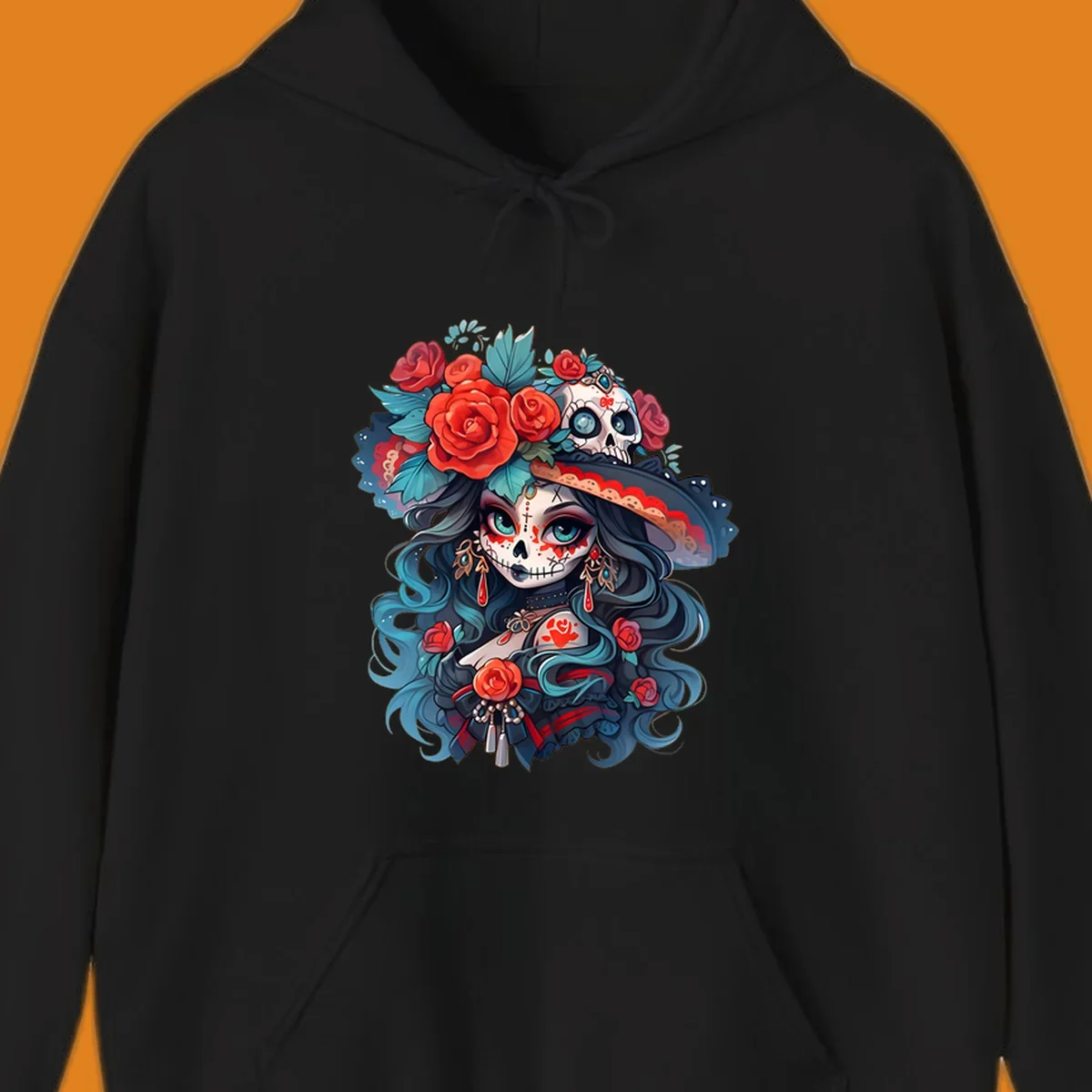 Vibrant illustration of a calavera woman with blue eyes, sugar skull makeup, long teal hair, and a hat with red roses and a skull, showcasing calavera-woman-roses-skull art.