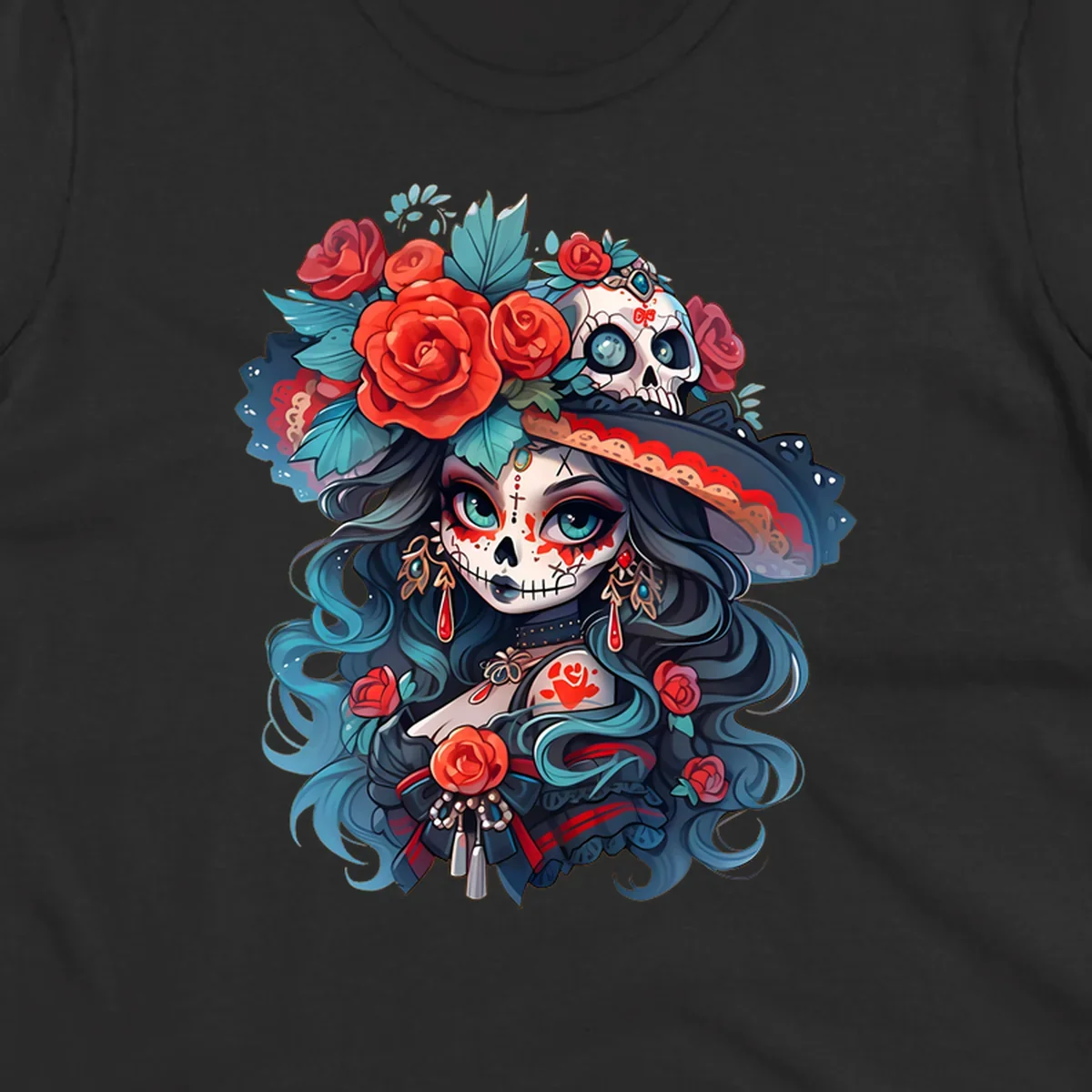 Vibrant illustration of a calavera woman with blue eyes, sugar skull makeup, long teal hair, and a hat with red roses and a skull, showcasing calavera-woman-roses-skull art.