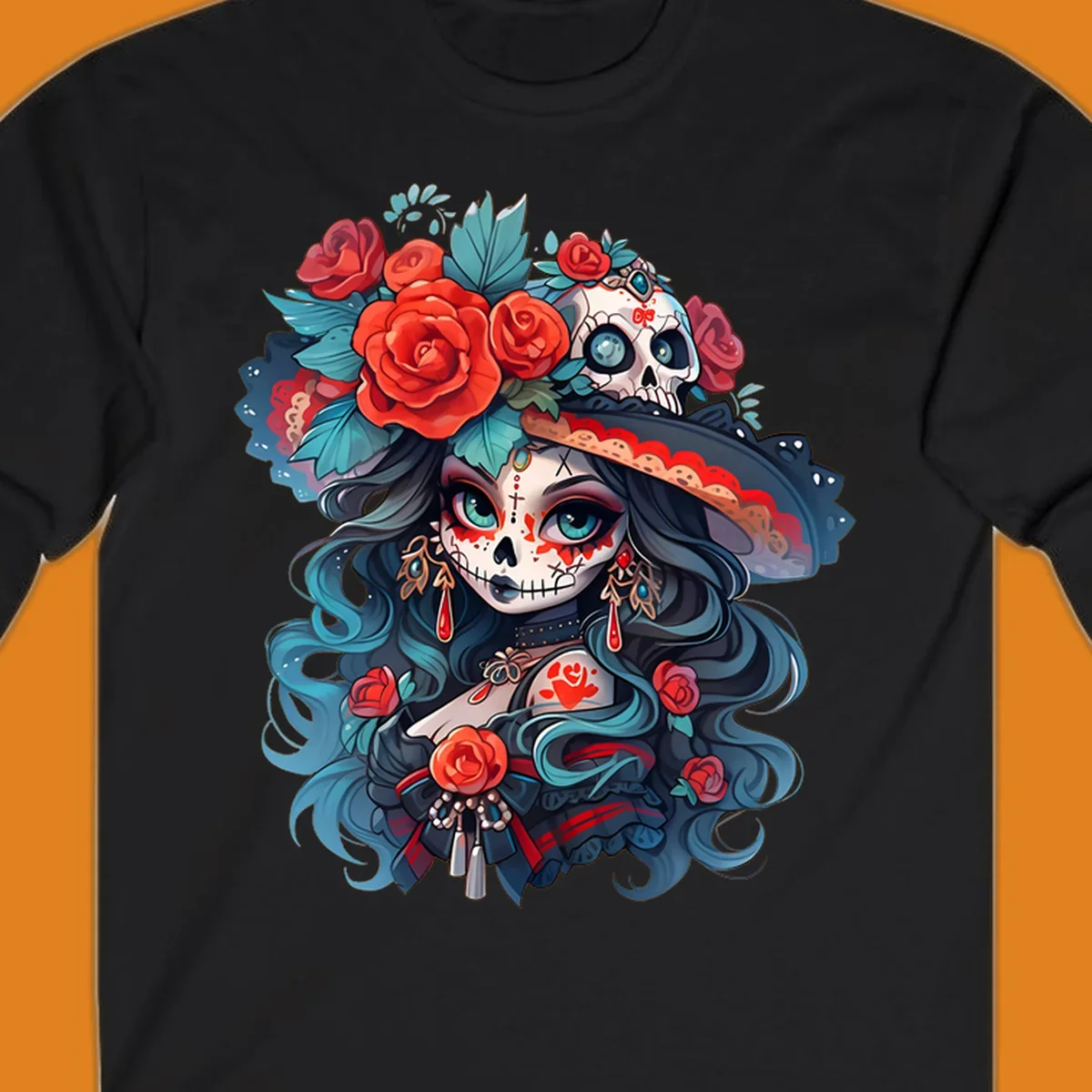 Vibrant illustration of a calavera woman with blue eyes, sugar skull makeup, long teal hair, and a hat with red roses and a skull, showcasing calavera-woman-roses-skull art.