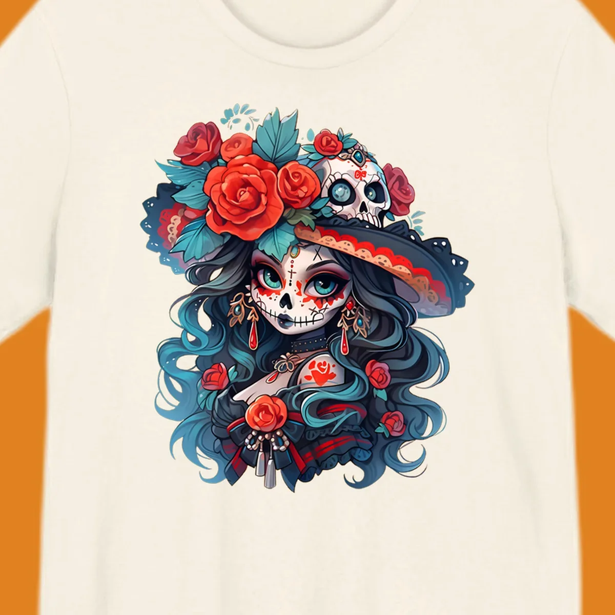 Vibrant illustration of a calavera woman with blue eyes, sugar skull makeup, long teal hair, and a hat with red roses and a skull, showcasing calavera-woman-roses-skull art.
