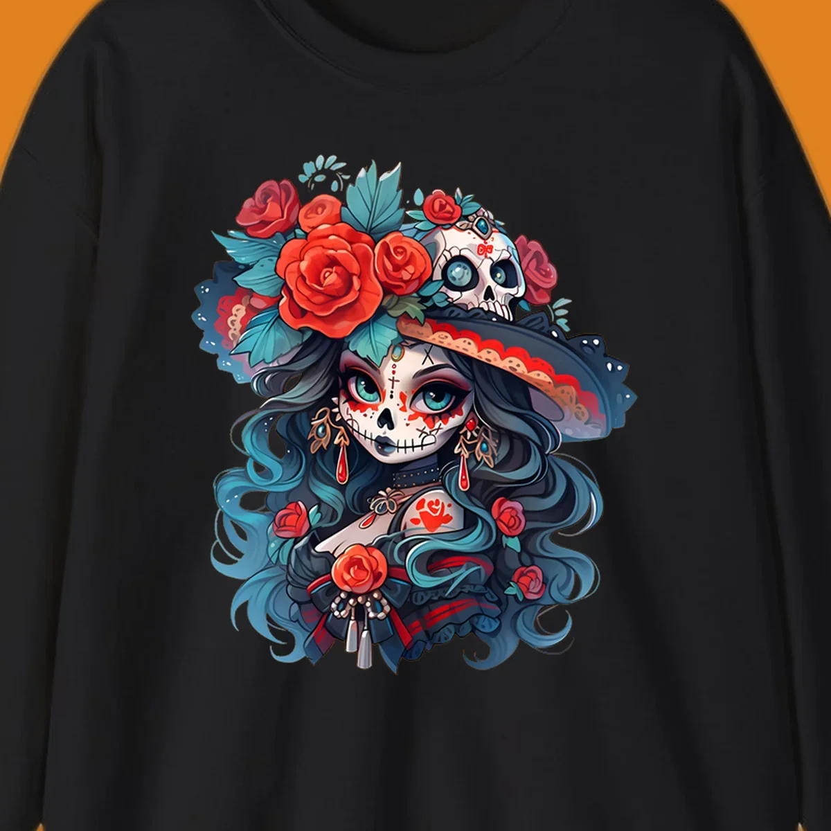 Vibrant illustration of a calavera woman with blue eyes, sugar skull makeup, long teal hair, and a hat with red roses and a skull, showcasing calavera-woman-roses-skull art.