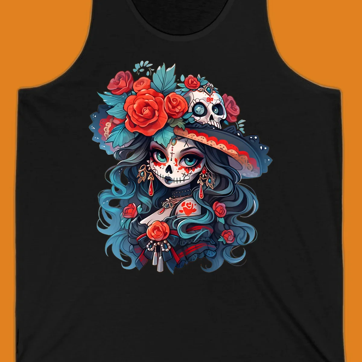 Vibrant illustration of a calavera woman with blue eyes, sugar skull makeup, long teal hair, and a hat with red roses and a skull, showcasing calavera-woman-roses-skull art.