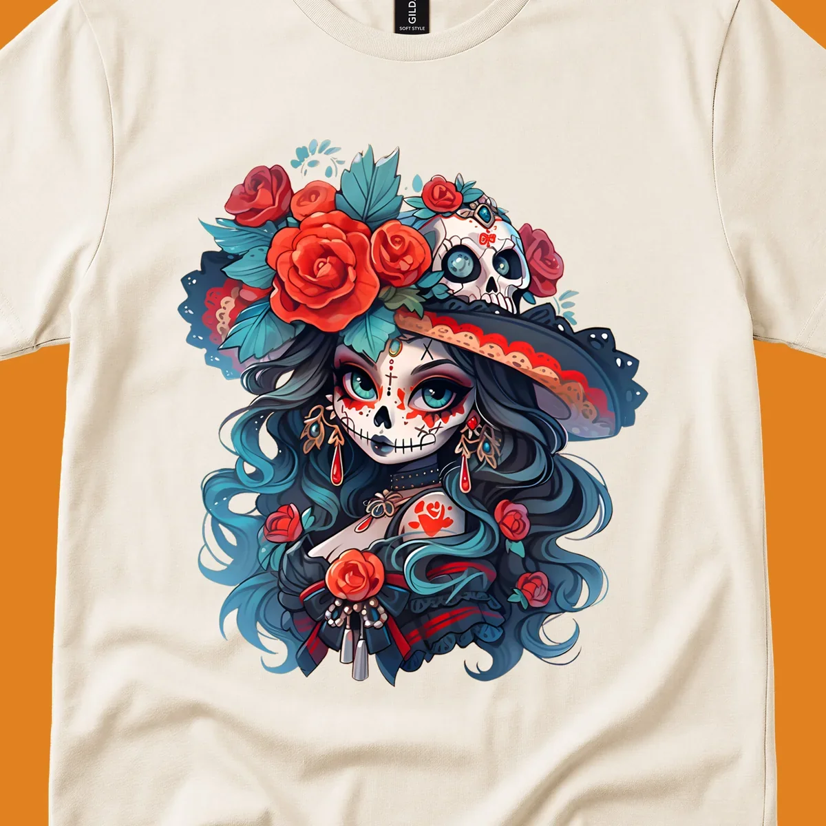 Vibrant illustration of a calavera woman with blue eyes, sugar skull makeup, long teal hair, and a hat with red roses and a skull, showcasing calavera-woman-roses-skull art.