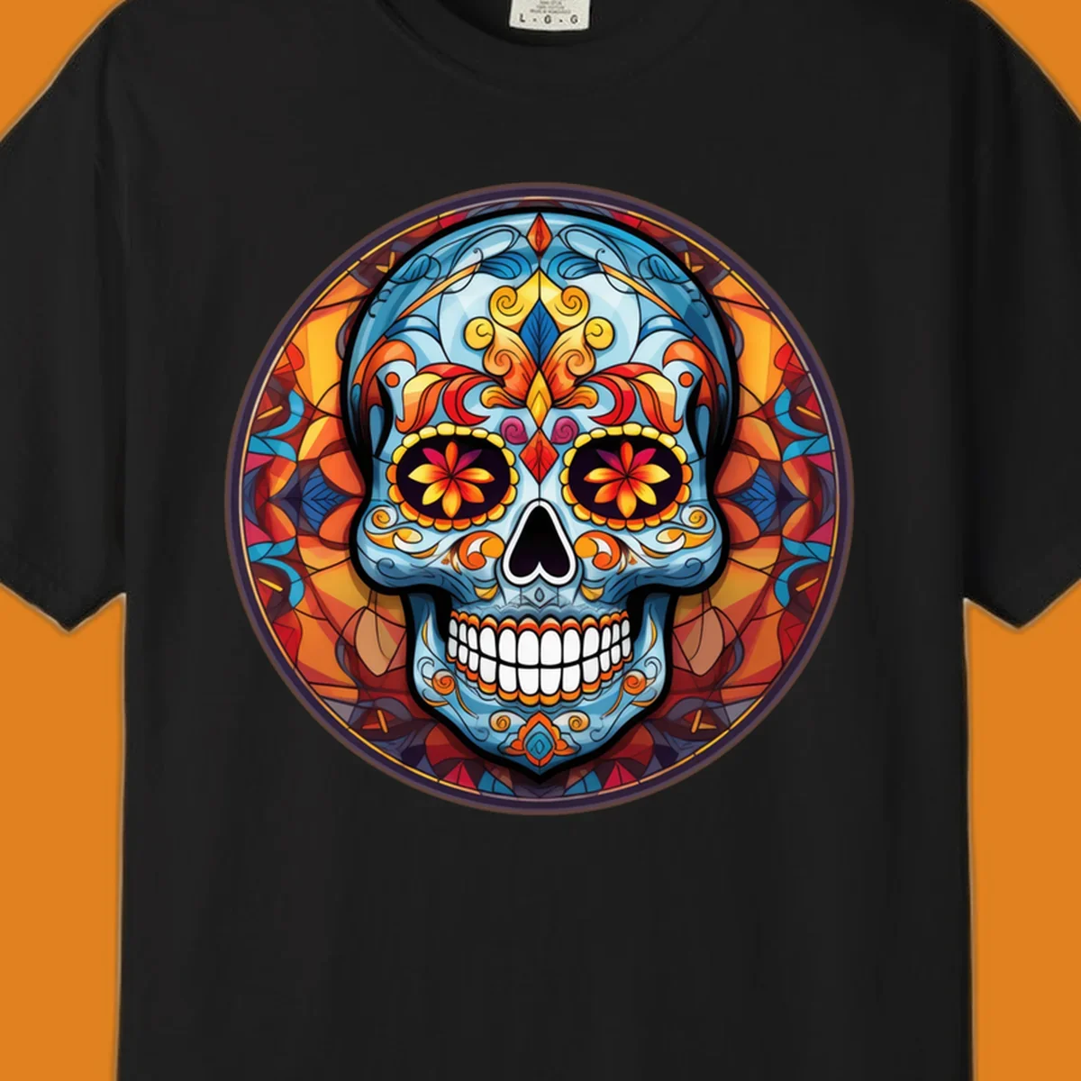 A vibrant blue stained glass sugar skull with orange, yellow, and red floral patterns, set in a circular mosaic frame.