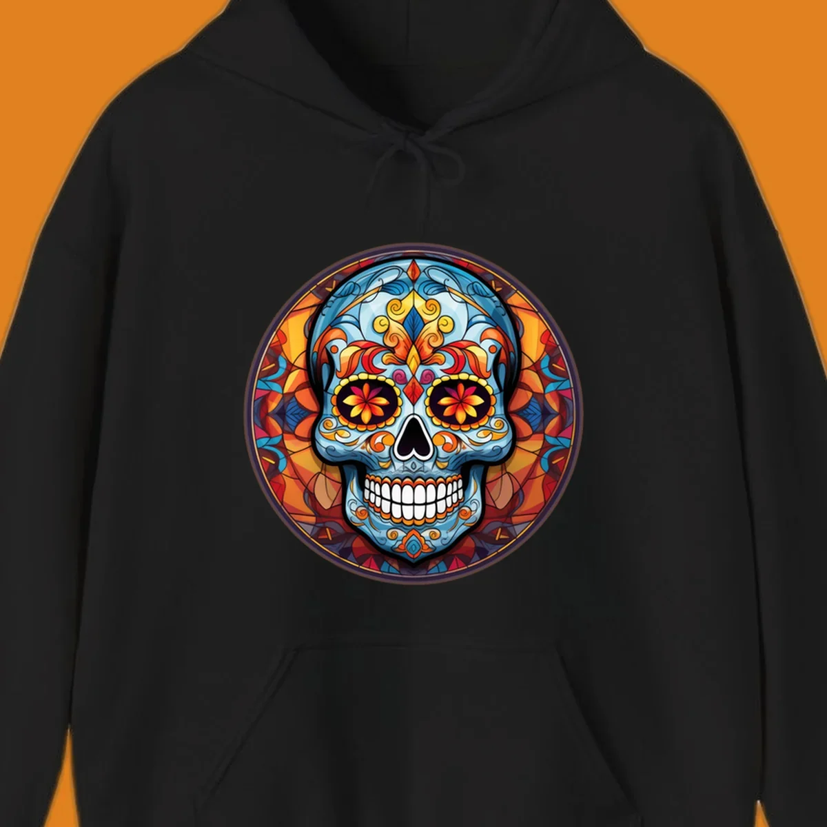 A vibrant blue stained glass sugar skull with orange, yellow, and red floral patterns, set in a circular mosaic frame.