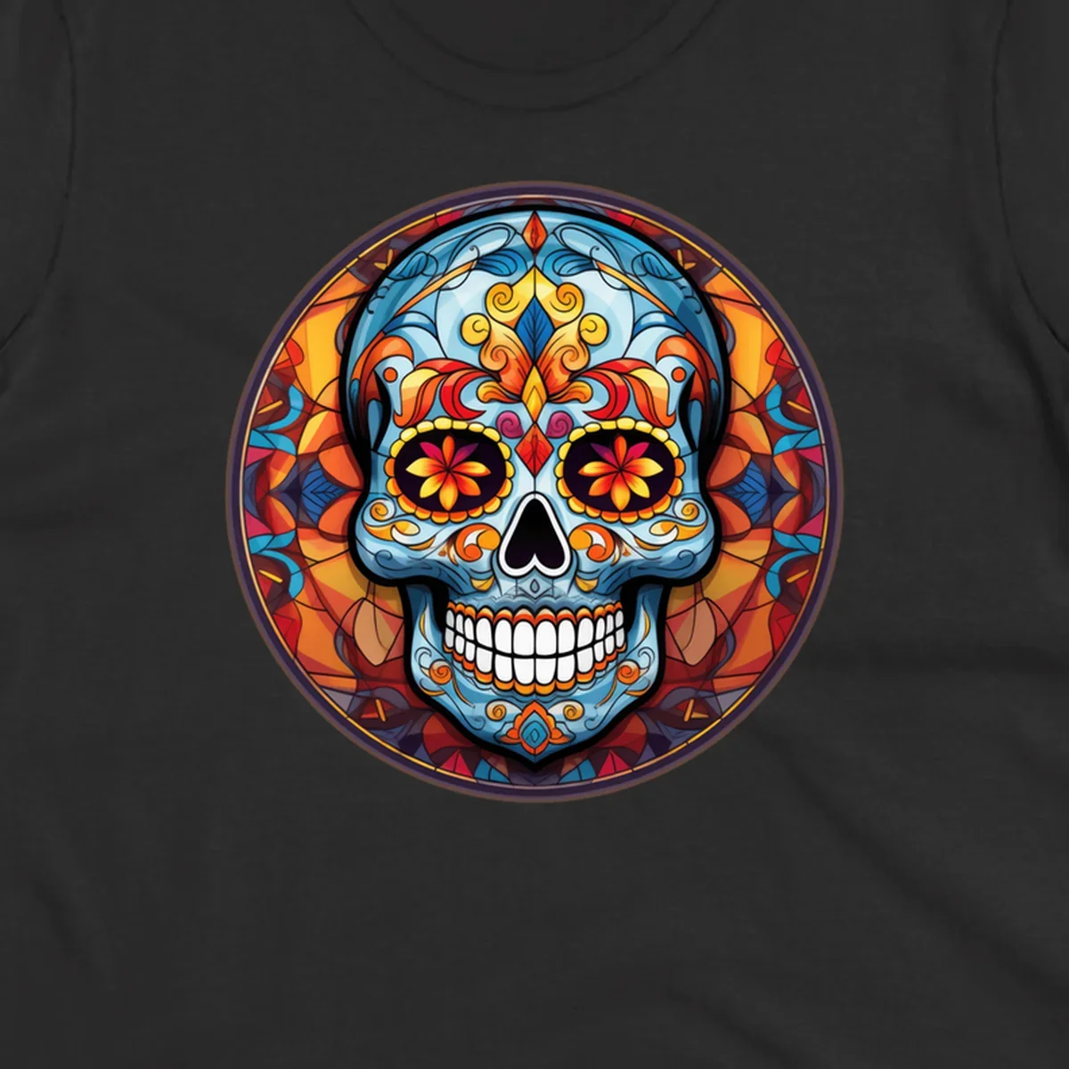 A vibrant blue stained glass sugar skull with orange, yellow, and red floral patterns, set in a circular mosaic frame.