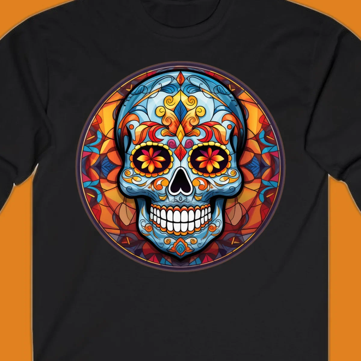 A vibrant blue stained glass sugar skull with orange, yellow, and red floral patterns, set in a circular mosaic frame.