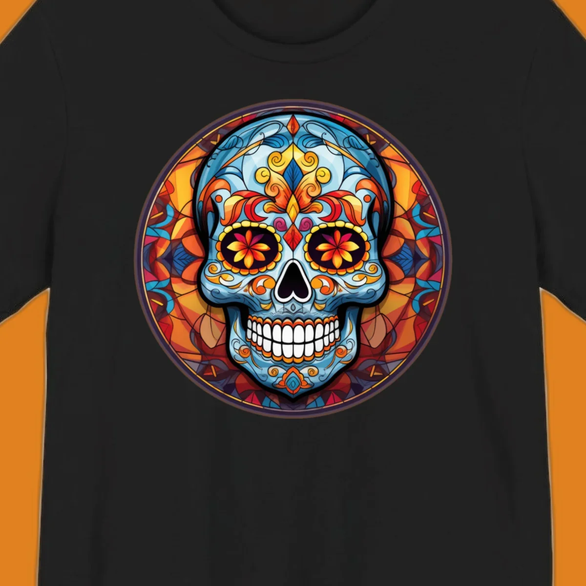 A vibrant blue stained glass sugar skull with orange, yellow, and red floral patterns, set in a circular mosaic frame.