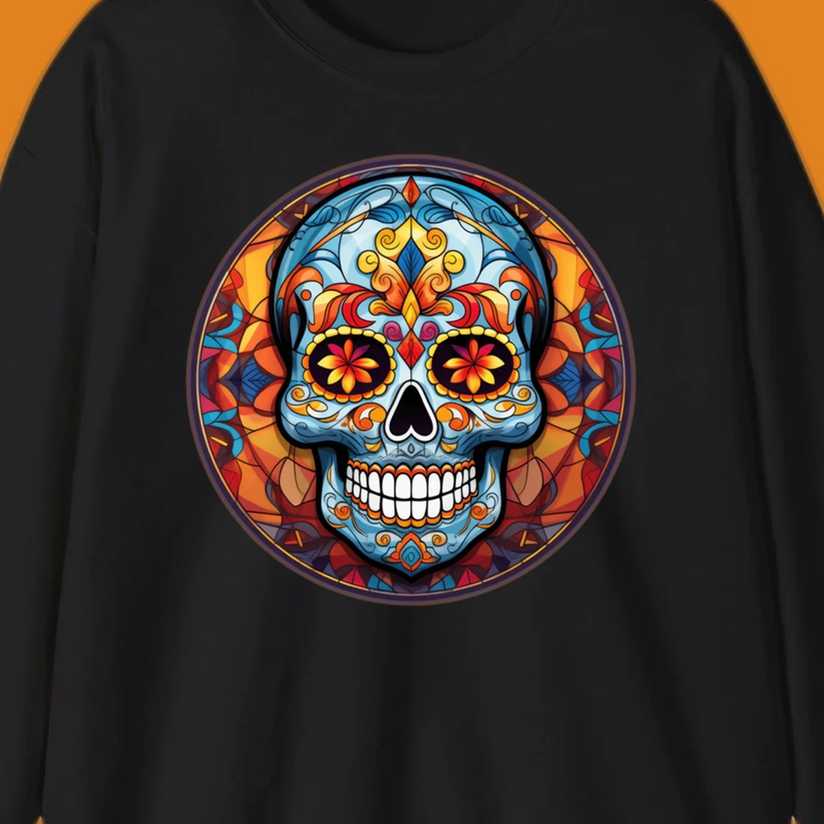 A vibrant blue stained glass sugar skull with orange, yellow, and red floral patterns, set in a circular mosaic frame.