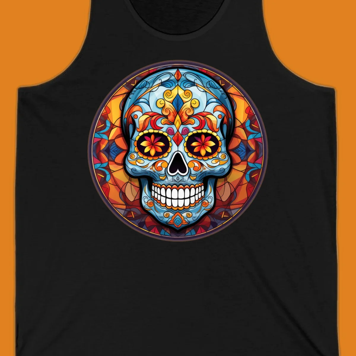 A vibrant blue stained glass sugar skull with orange, yellow, and red floral patterns, set in a circular mosaic frame.