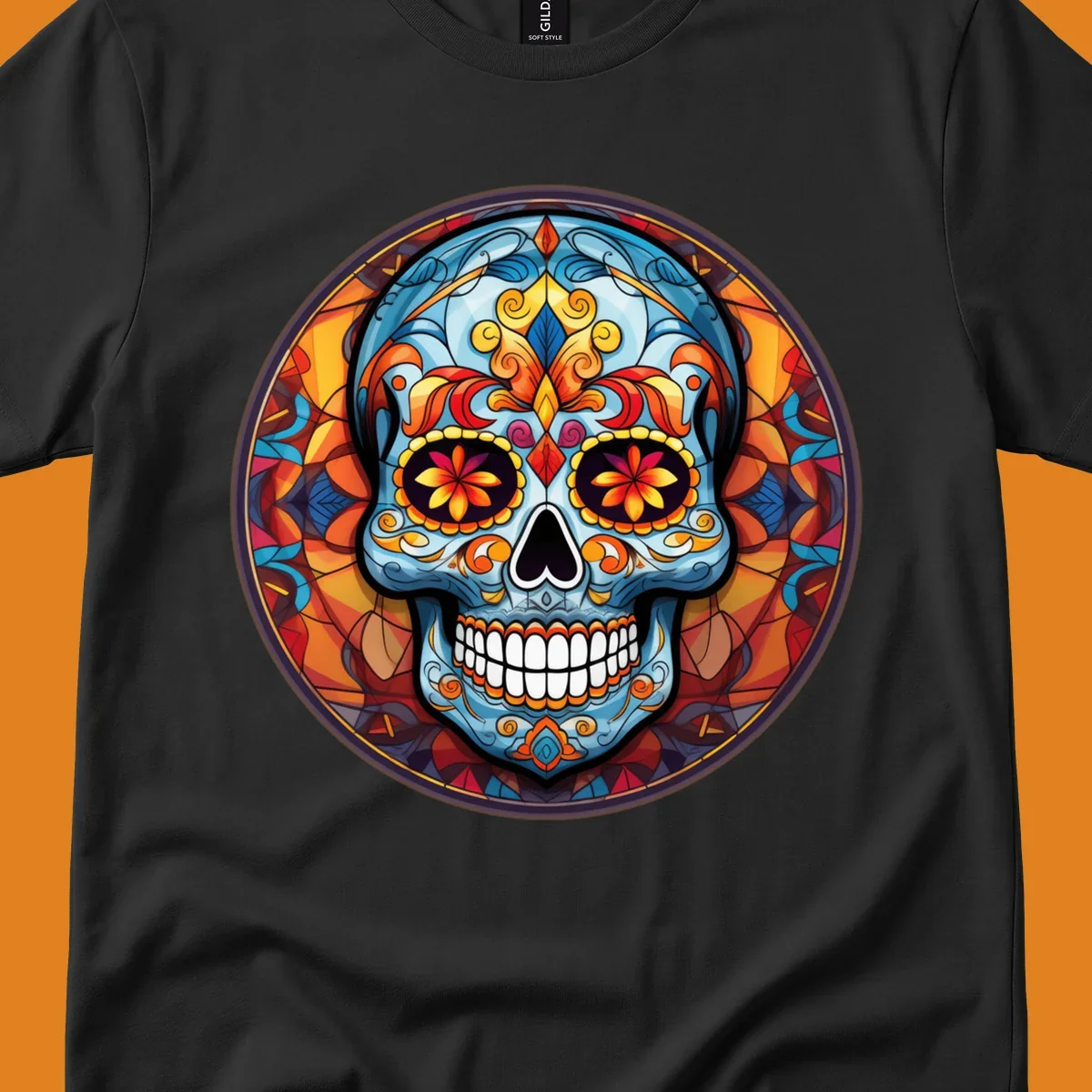 A vibrant blue stained glass sugar skull with orange, yellow, and red floral patterns, set in a circular mosaic frame.