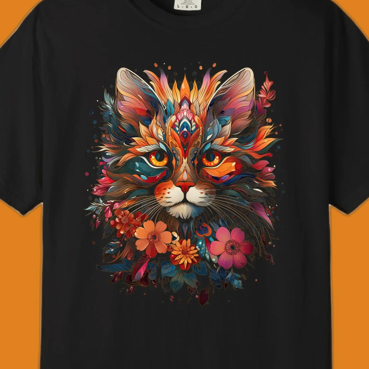 A highly detailed and vibrant floral cat mandala illustration, featuring intricate patterns and rich colors.