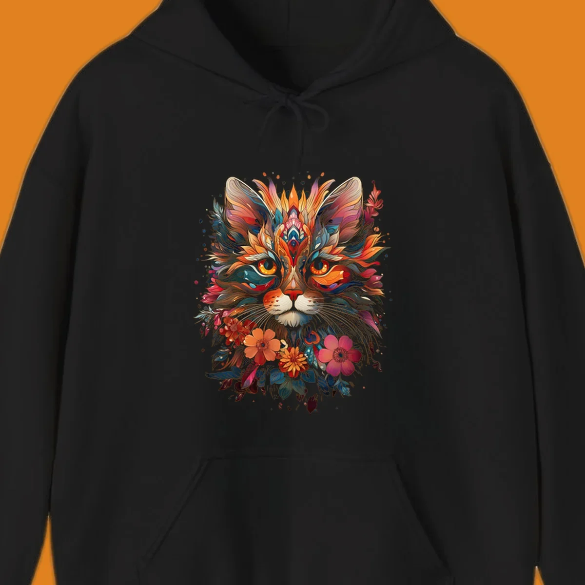 A highly detailed and vibrant floral cat mandala illustration, featuring intricate patterns and rich colors.