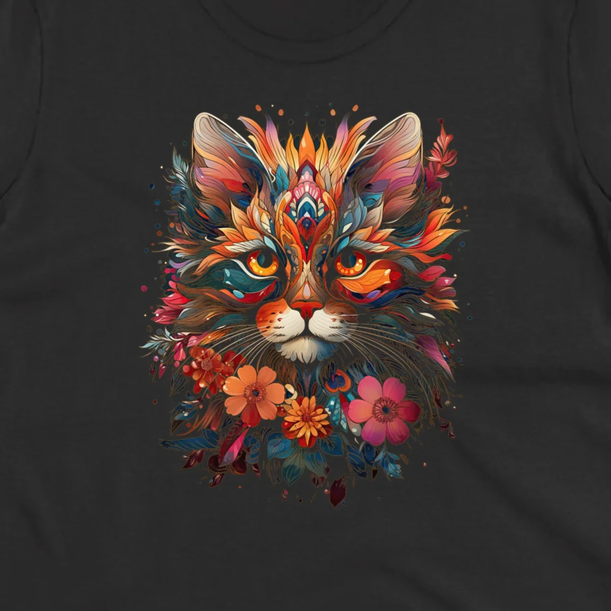 A highly detailed and vibrant floral cat mandala illustration, featuring intricate patterns and rich colors.