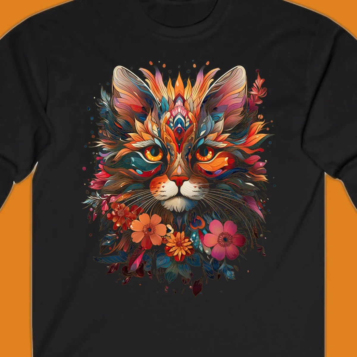A highly detailed and vibrant floral cat mandala illustration, featuring intricate patterns and rich colors.
