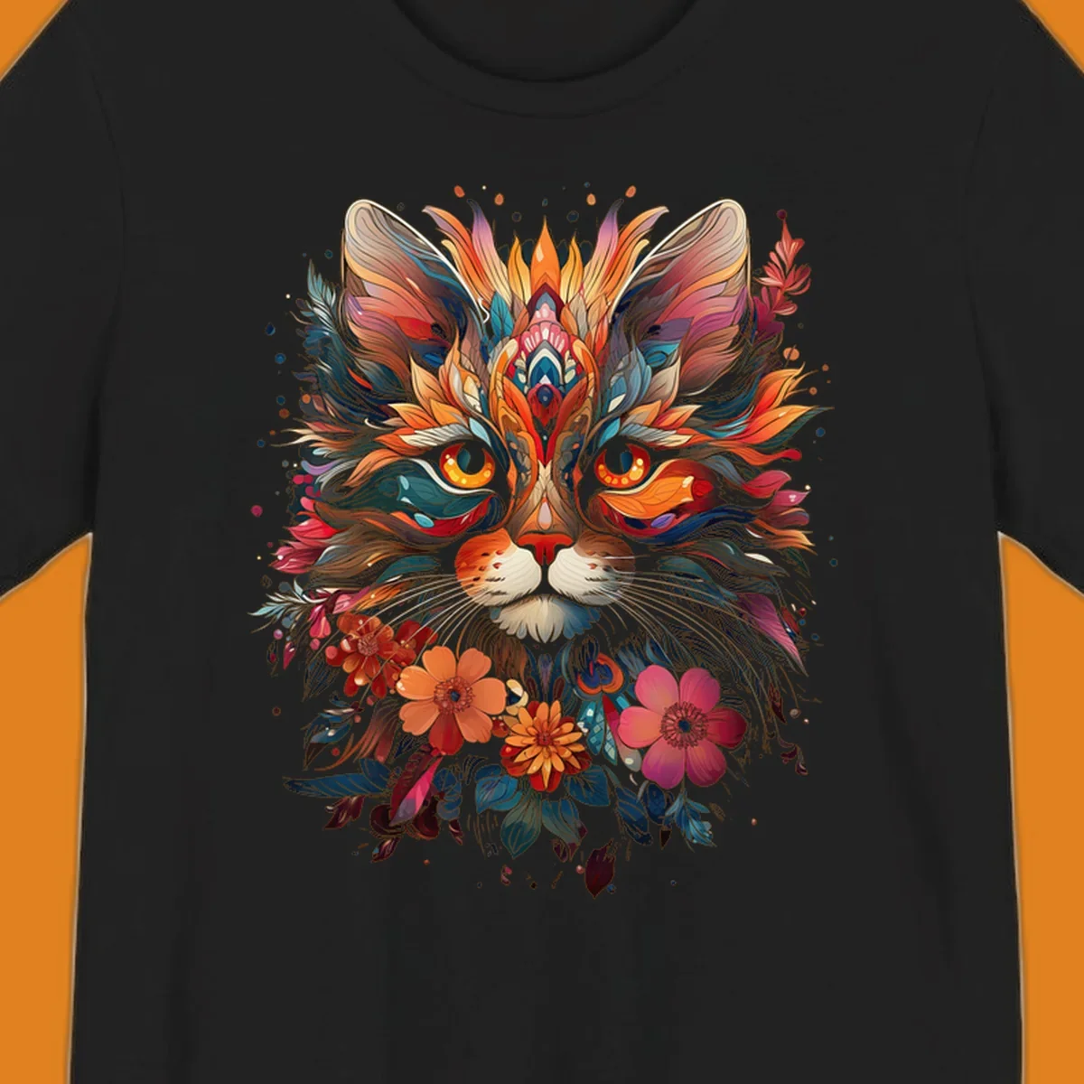 A highly detailed and vibrant floral cat mandala illustration, featuring intricate patterns and rich colors.