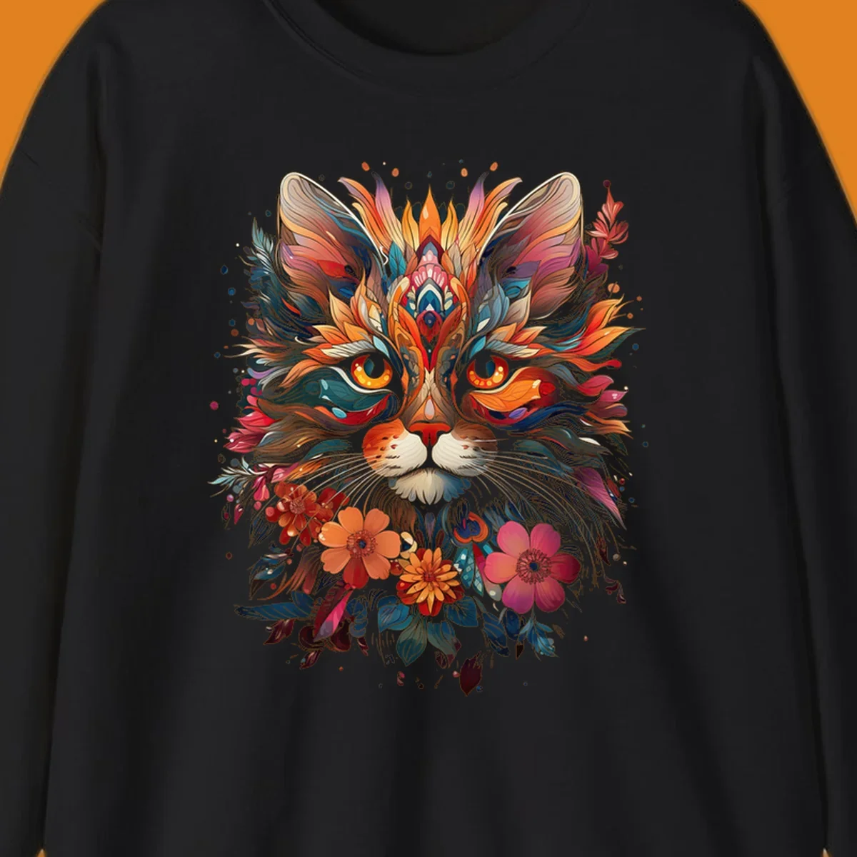 A highly detailed and vibrant floral cat mandala illustration, featuring intricate patterns and rich colors.
