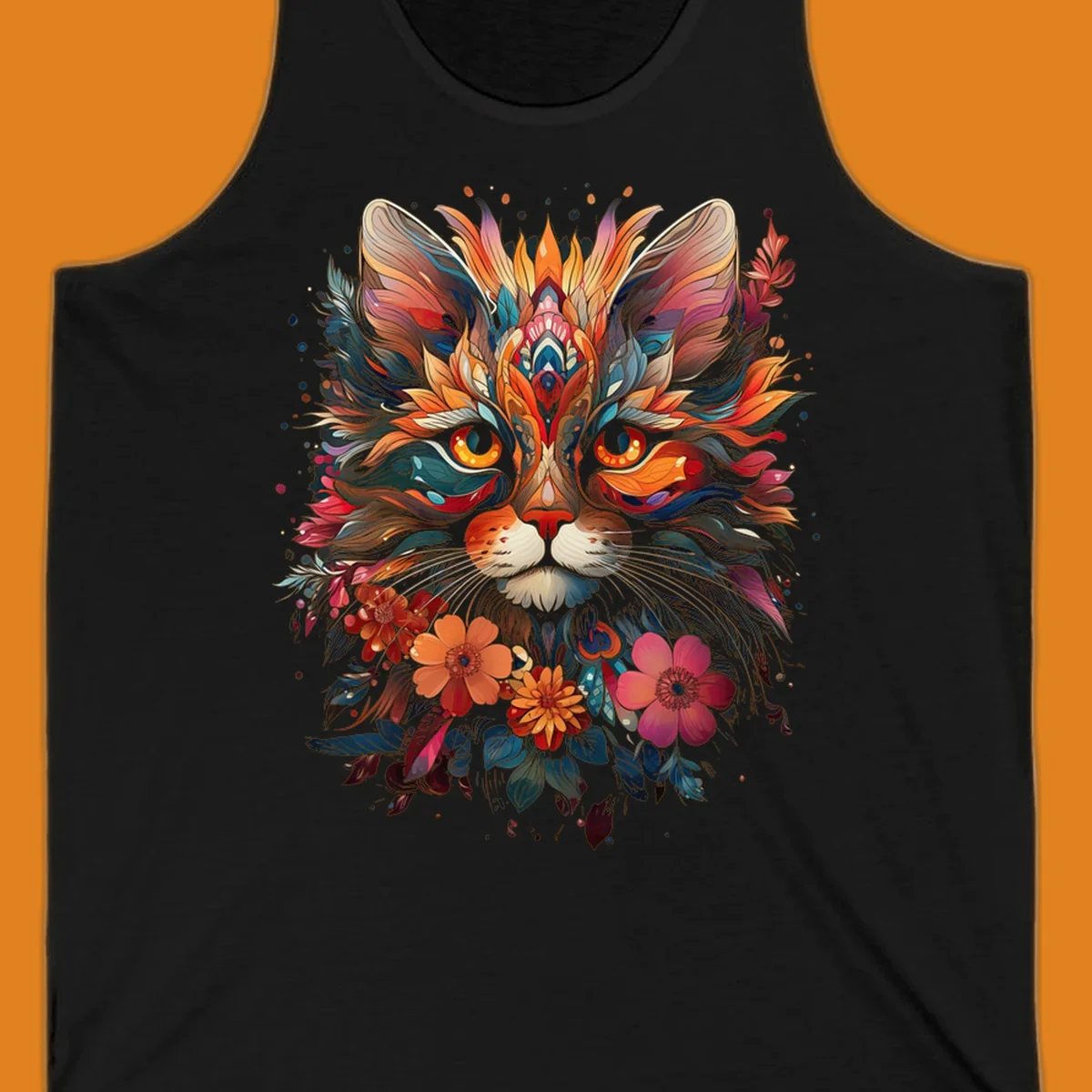 A highly detailed and vibrant floral cat mandala illustration, featuring intricate patterns and rich colors.