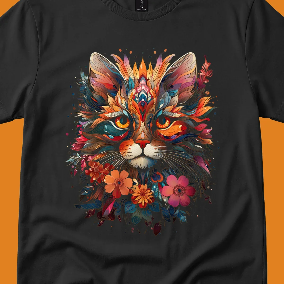 A highly detailed and vibrant floral cat mandala illustration, featuring intricate patterns and rich colors.