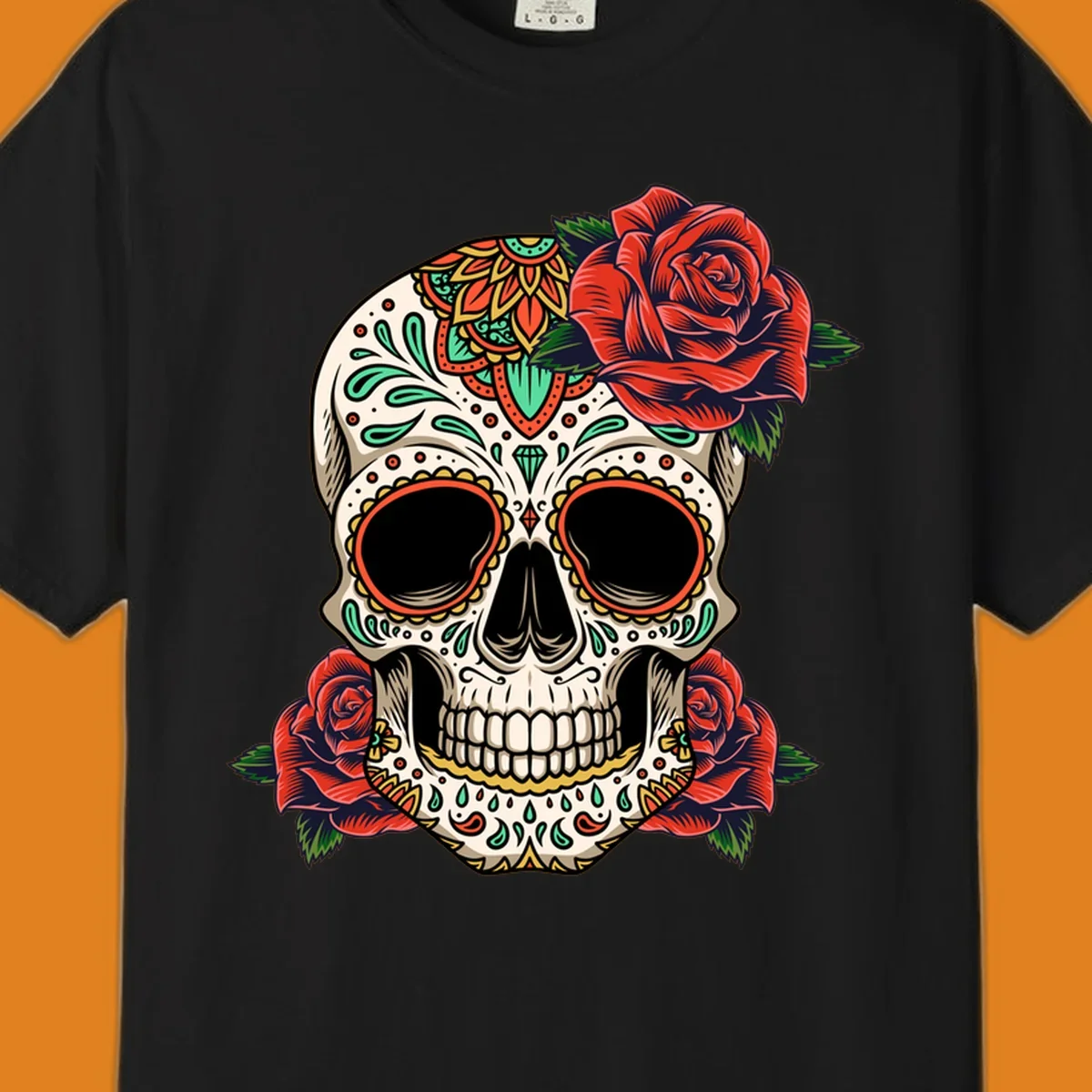 An intricately decorated calavera with red roses, featuring vibrant patterns in green, orange, and teal.