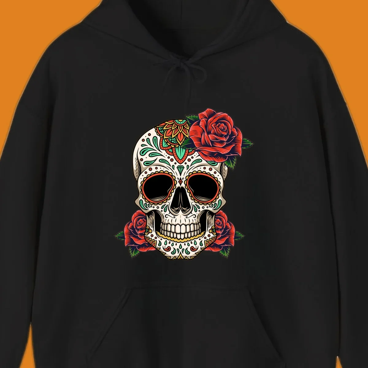 An intricately decorated calavera with red roses, featuring vibrant patterns in green, orange, and teal.