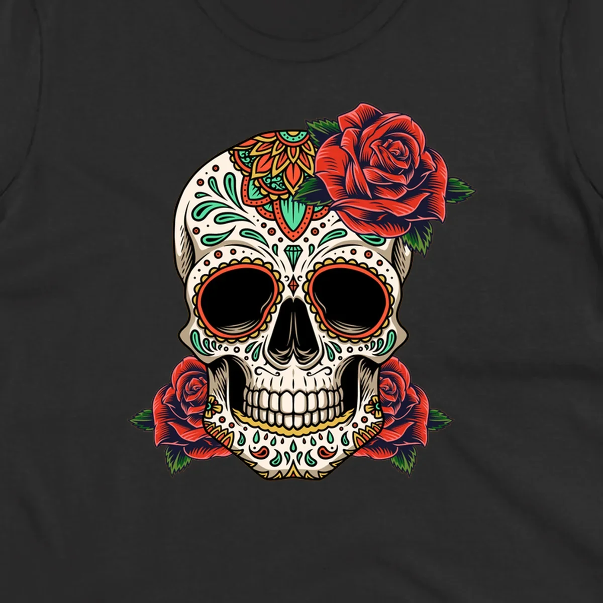 An intricately decorated calavera with red roses, featuring vibrant patterns in green, orange, and teal.
