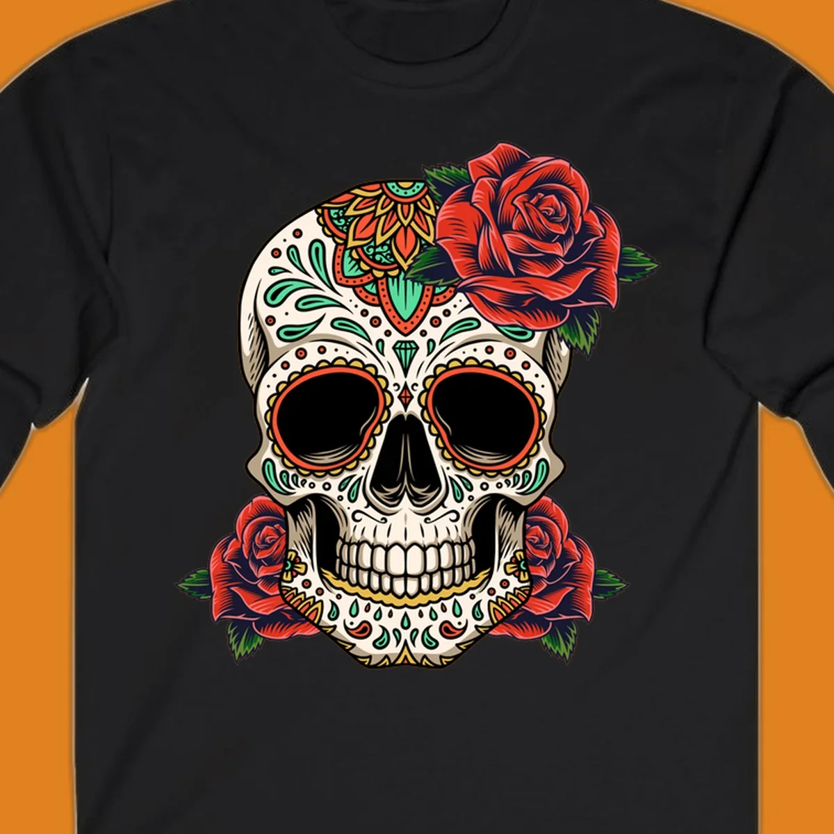 An intricately decorated calavera with red roses, featuring vibrant patterns in green, orange, and teal.