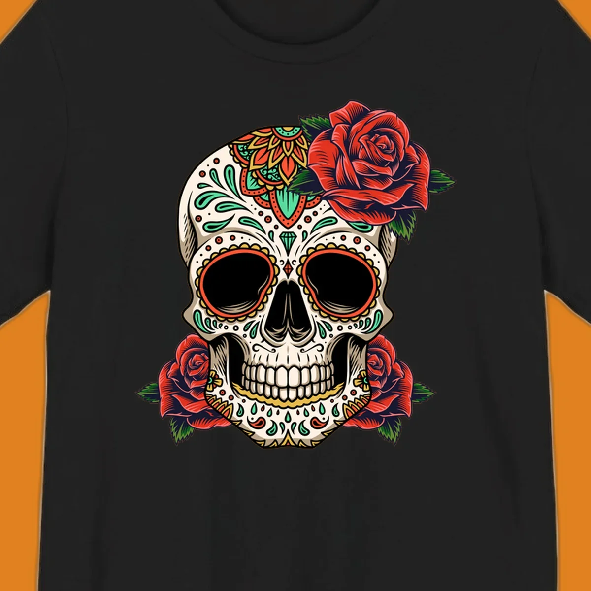 An intricately decorated calavera with red roses, featuring vibrant patterns in green, orange, and teal.