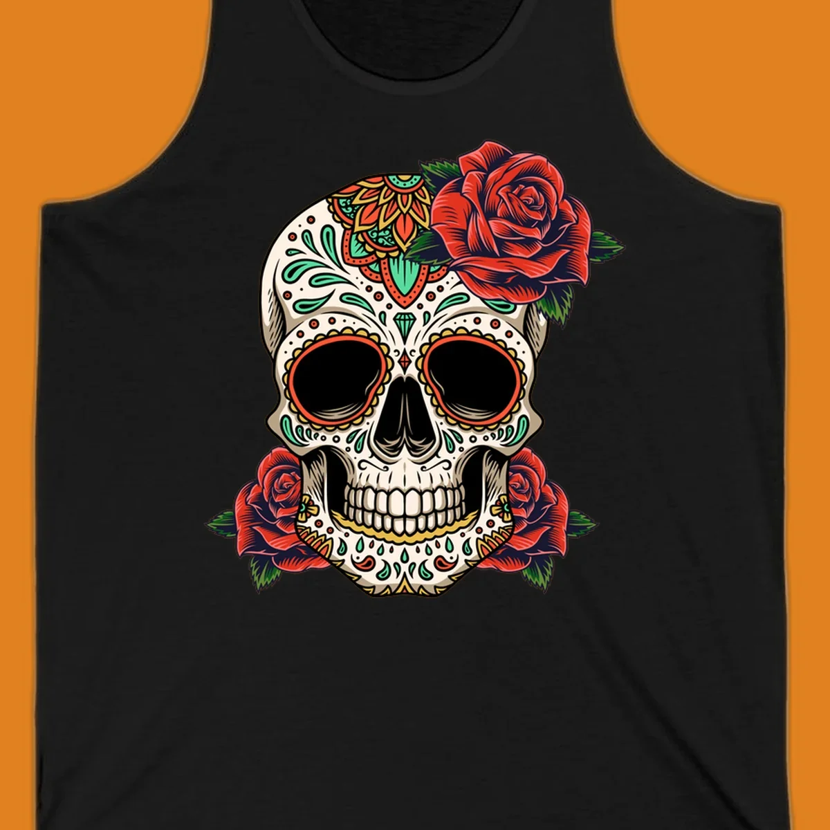 An intricately decorated calavera with red roses, featuring vibrant patterns in green, orange, and teal.