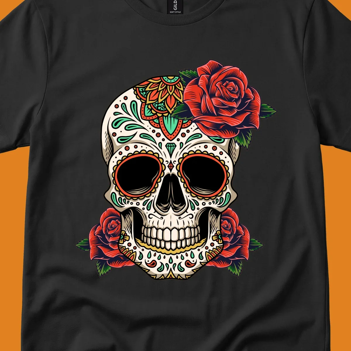 An intricately decorated calavera with red roses, featuring vibrant patterns in green, orange, and teal.