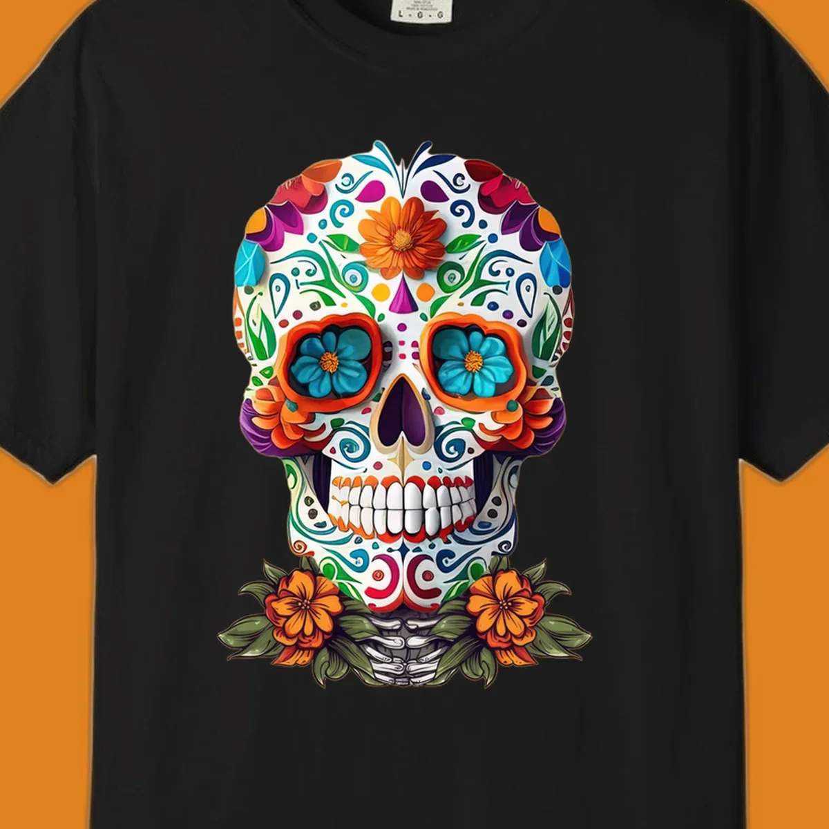A vibrant floral calavera skull illustration with intricate patterns and colorful flowers, celebrating Day of the Dead.