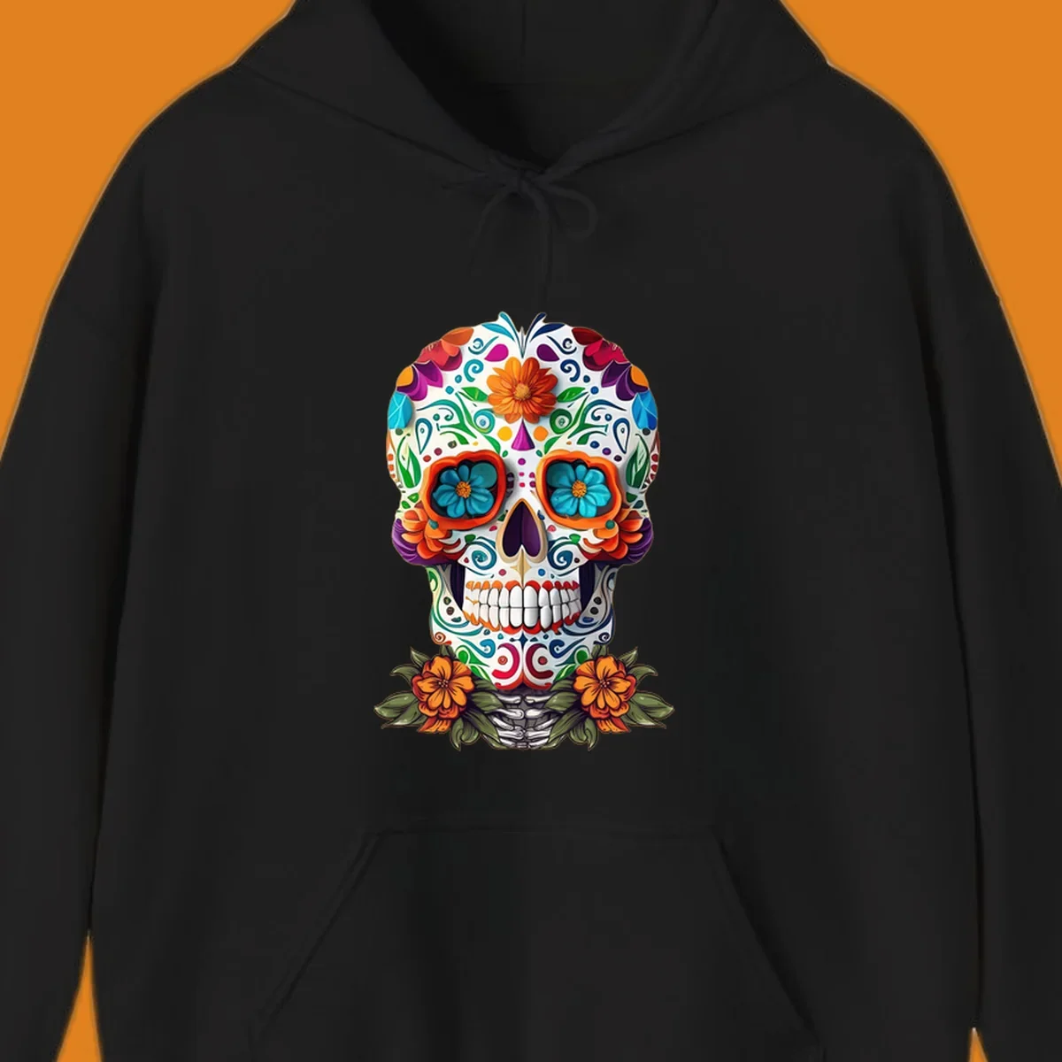 A vibrant floral calavera skull illustration with intricate patterns and colorful flowers, celebrating Day of the Dead.