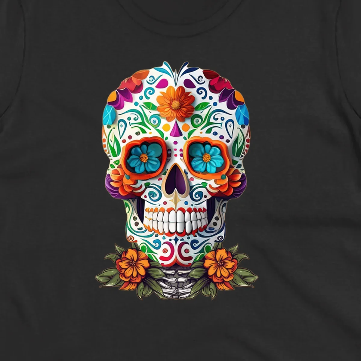 A vibrant floral calavera skull illustration with intricate patterns and colorful flowers, celebrating Day of the Dead.