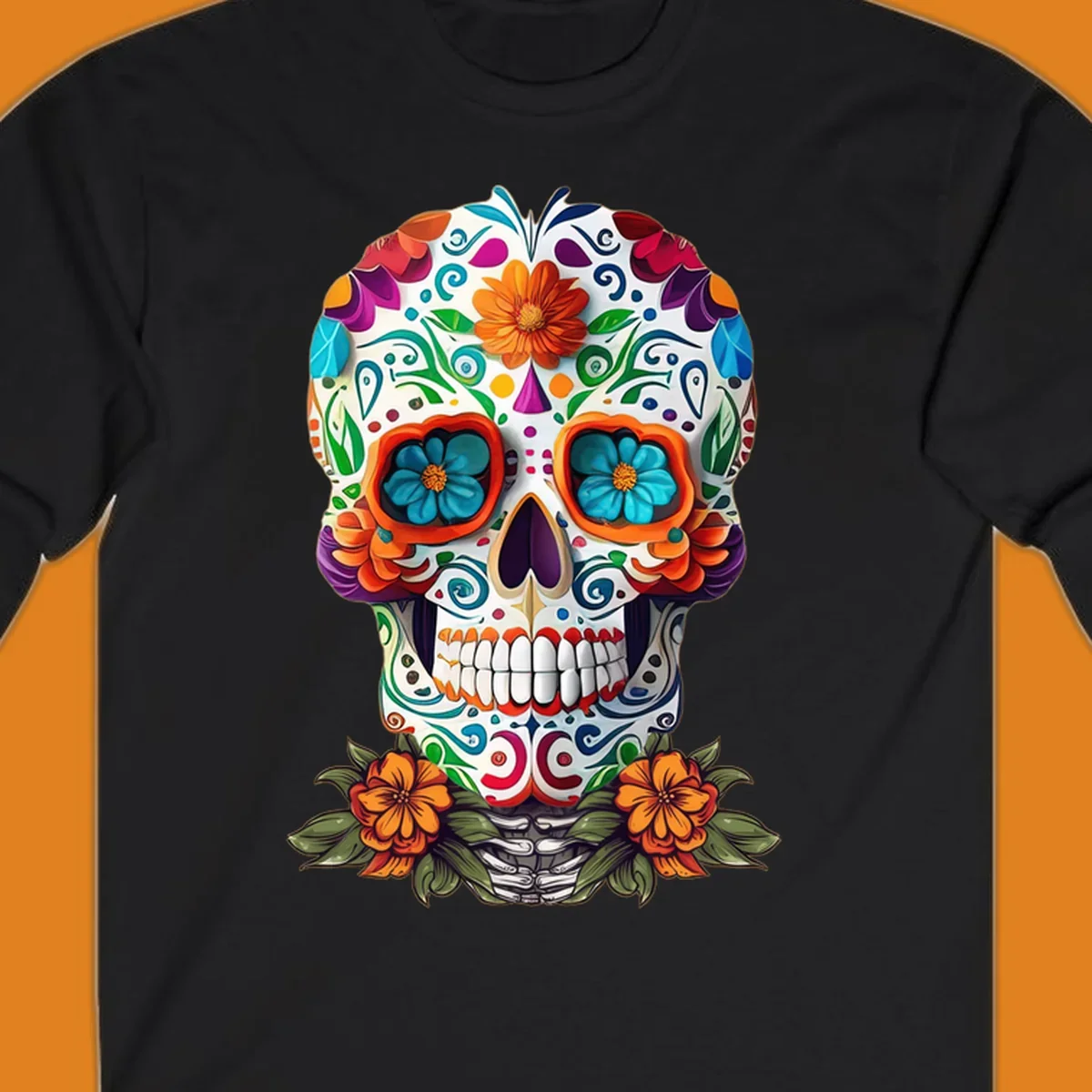 A vibrant floral calavera skull illustration with intricate patterns and colorful flowers, celebrating Day of the Dead.