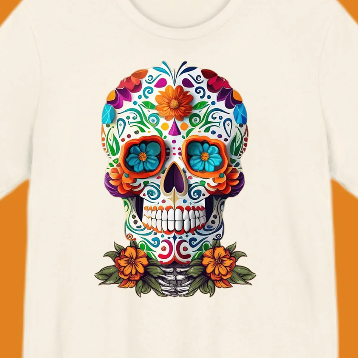 A vibrant floral calavera skull illustration with intricate patterns and colorful flowers, celebrating Day of the Dead.