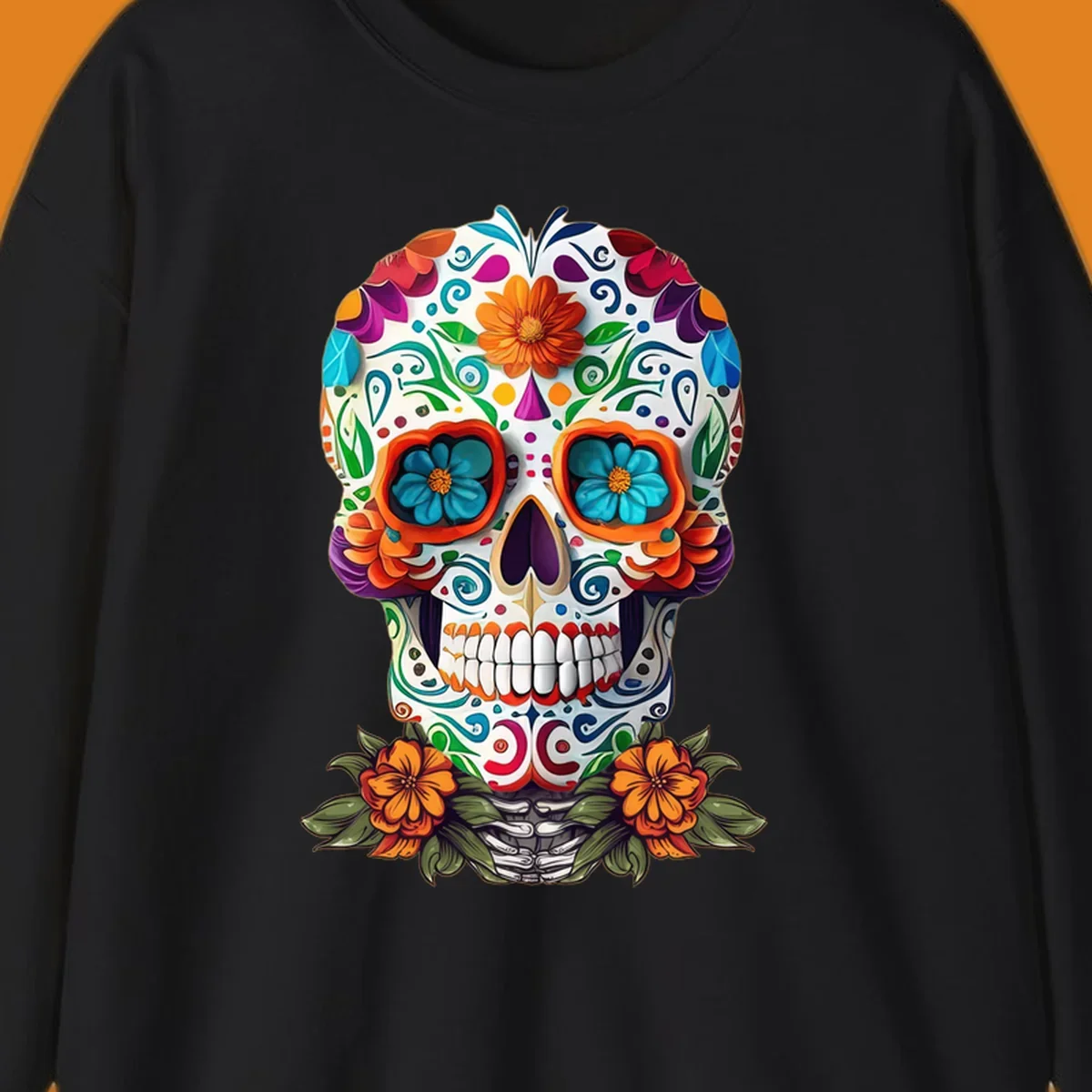 A vibrant floral calavera skull illustration with intricate patterns and colorful flowers, celebrating Day of the Dead.