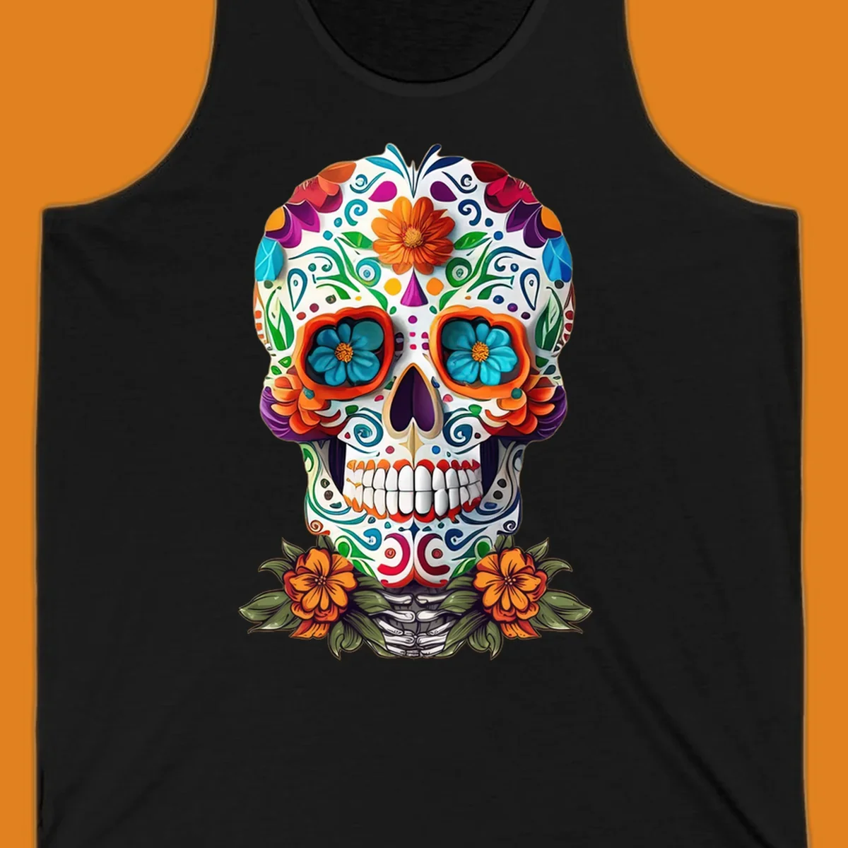 A vibrant floral calavera skull illustration with intricate patterns and colorful flowers, celebrating Day of the Dead.