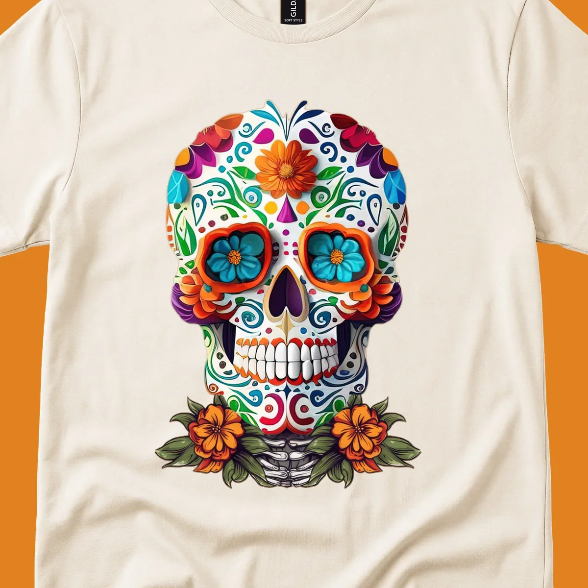 A vibrant floral calavera skull illustration with intricate patterns and colorful flowers, celebrating Day of the Dead.