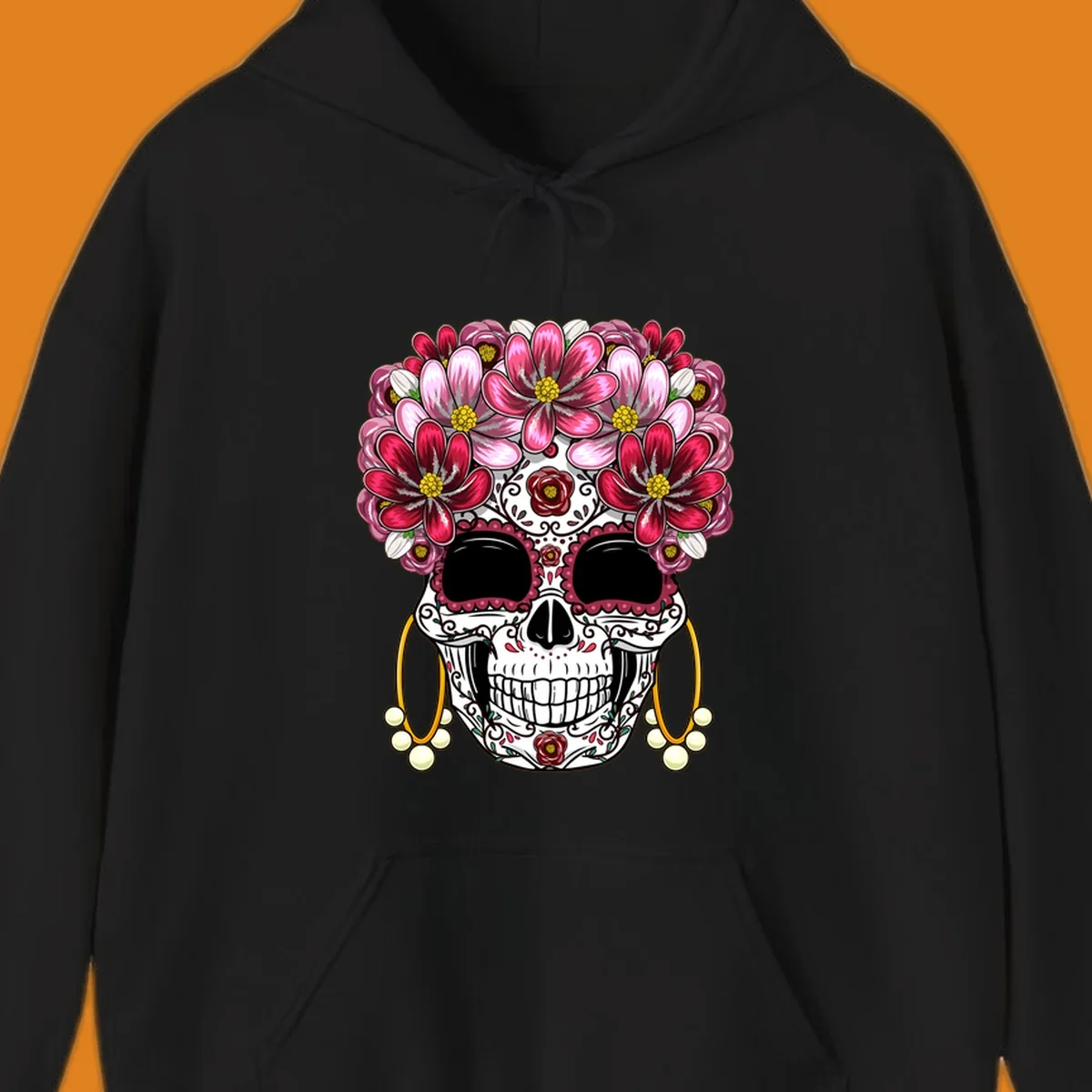 An ornate calavera (sugar skull) with a large, elaborate pink and fuchsia flower crown and golden pearl earrings. This calavera-flower-crown design features intricate scrollwork and rose details.