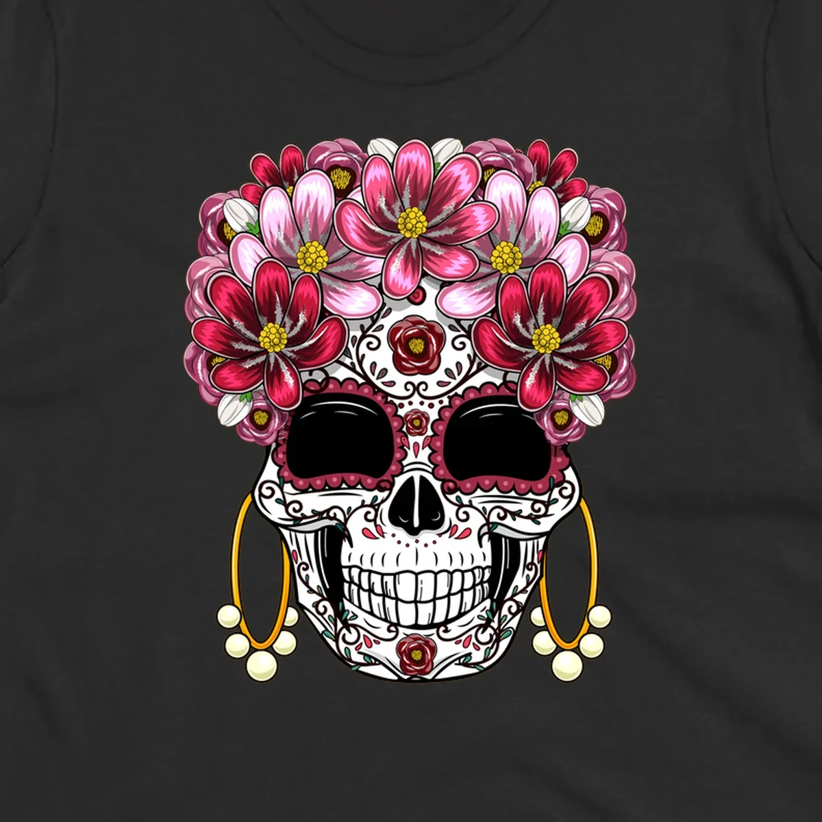 An ornate calavera (sugar skull) with a large, elaborate pink and fuchsia flower crown and golden pearl earrings. This calavera-flower-crown design features intricate scrollwork and rose details.