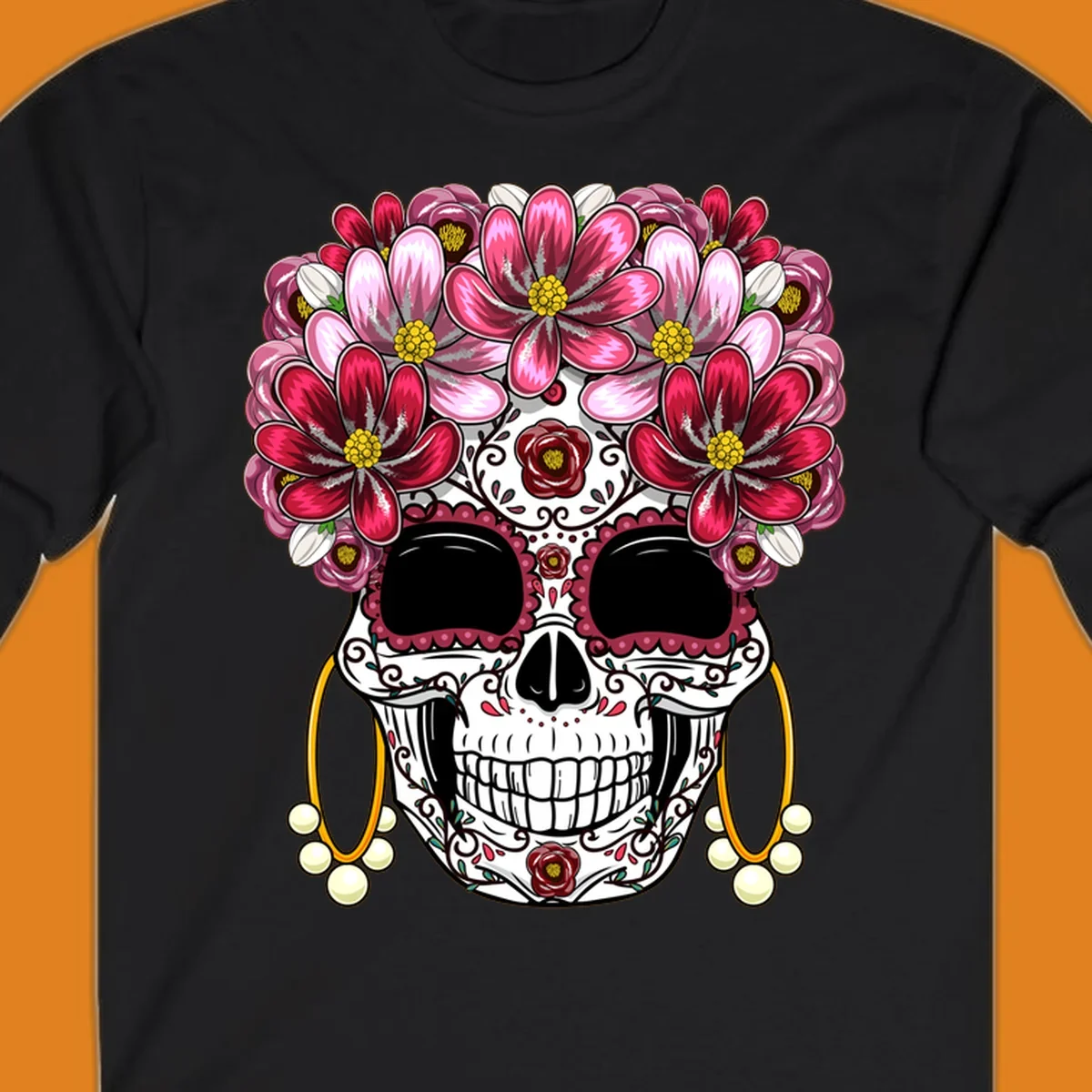 An ornate calavera (sugar skull) with a large, elaborate pink and fuchsia flower crown and golden pearl earrings. This calavera-flower-crown design features intricate scrollwork and rose details.