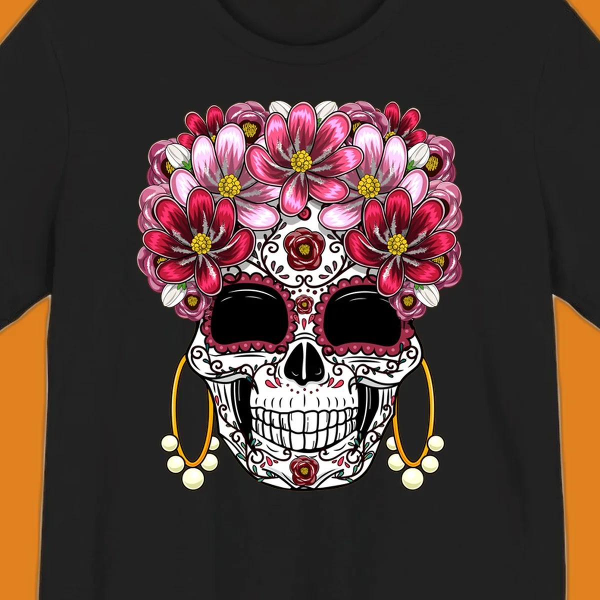 An ornate calavera (sugar skull) with a large, elaborate pink and fuchsia flower crown and golden pearl earrings. This calavera-flower-crown design features intricate scrollwork and rose details.