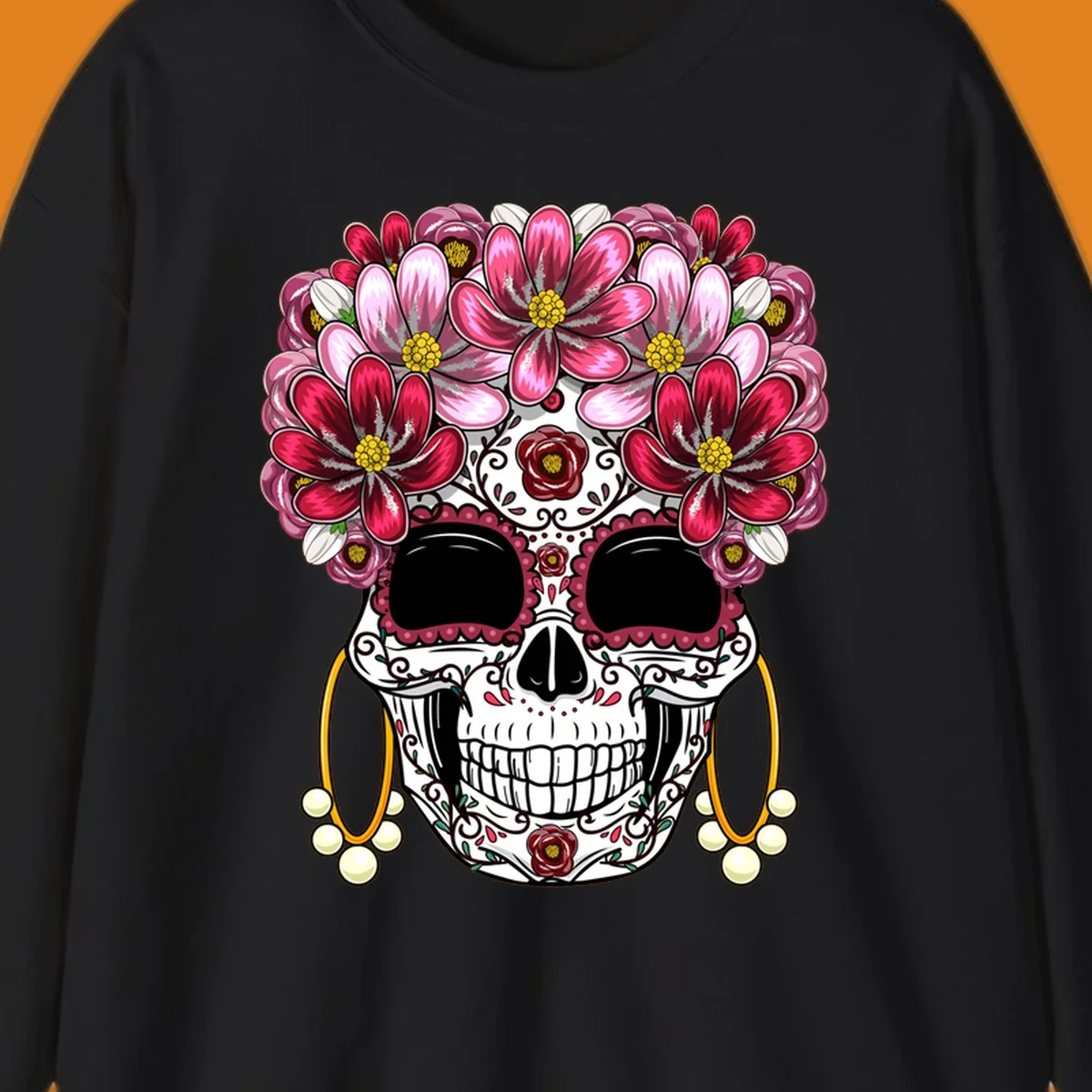 An ornate calavera (sugar skull) with a large, elaborate pink and fuchsia flower crown and golden pearl earrings. This calavera-flower-crown design features intricate scrollwork and rose details.