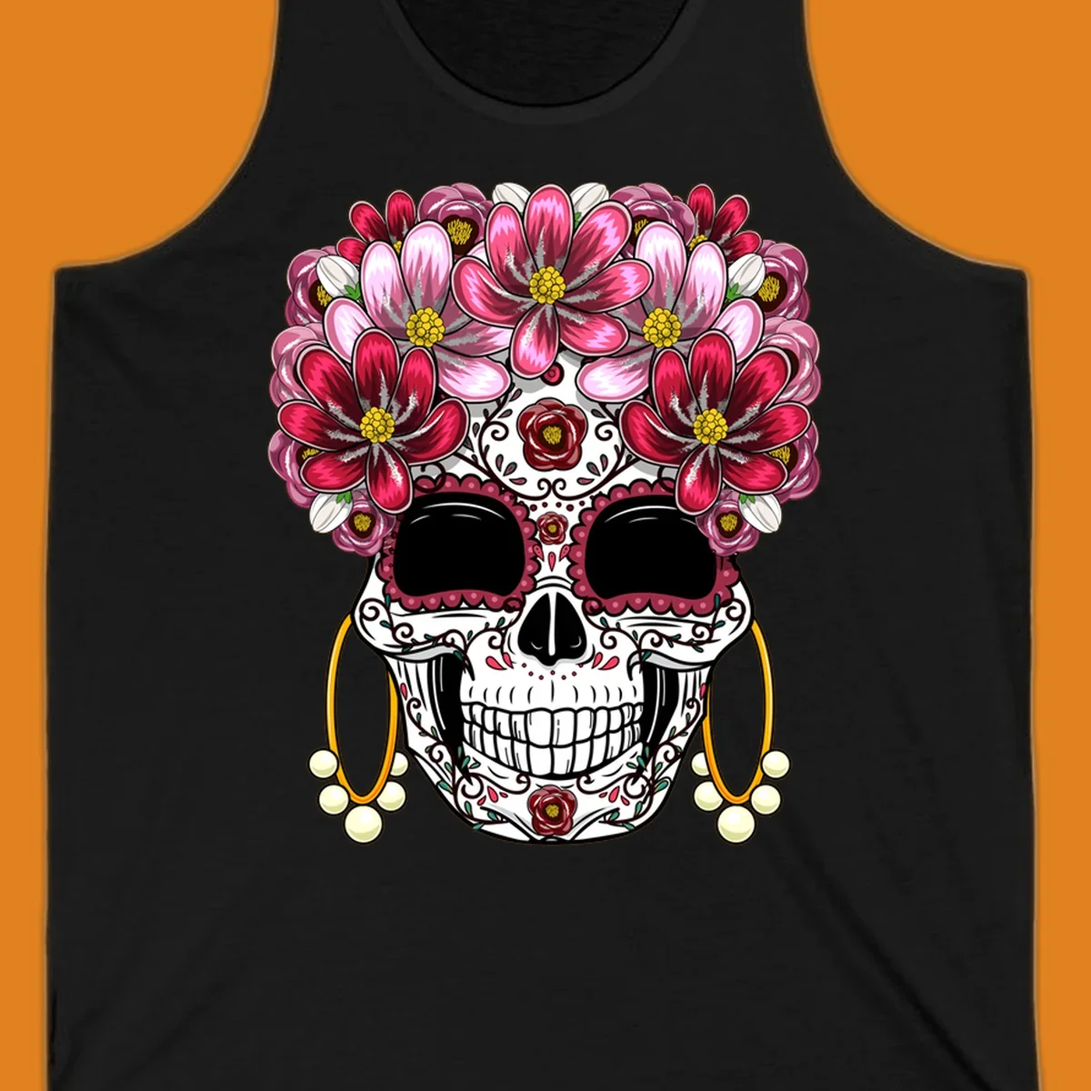 An ornate calavera (sugar skull) with a large, elaborate pink and fuchsia flower crown and golden pearl earrings. This calavera-flower-crown design features intricate scrollwork and rose details.